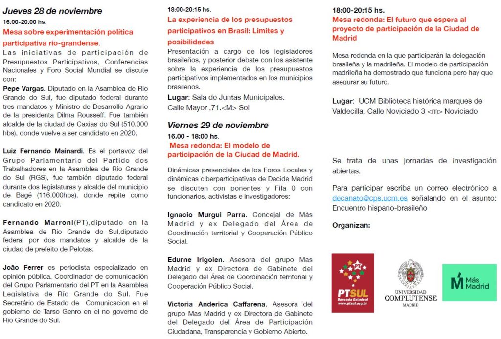 Programa completo de las jornadas  "Democracia participativa e innovaciones urbanas sostenibles" .