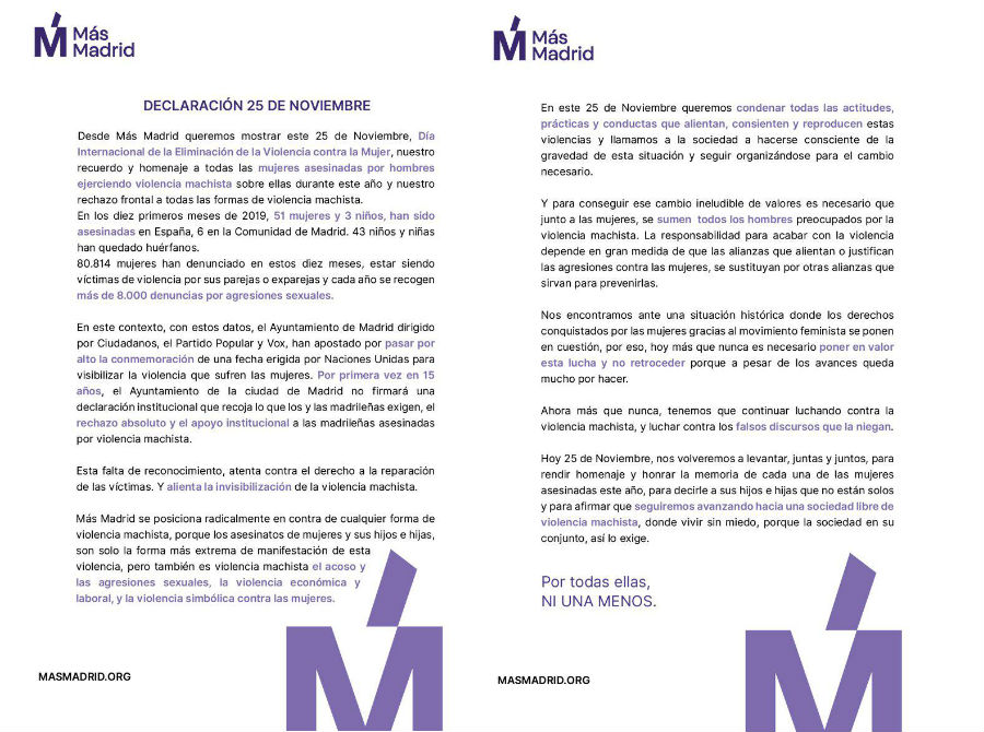 Manifiesto de Más Madrid en el Día Internacional para la Eliminación de la violencia contra las Mujeres.