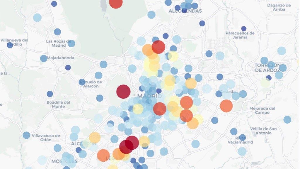Mapa con la incidencia del coronavirus por municipios en la web #COVIDobservatorioMAD.