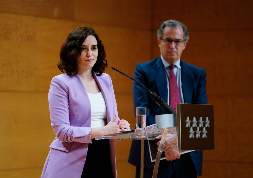 La presidenta de la Comunidad de Madrid, Isabel Díaz Ayuso, en una comparecencia. 