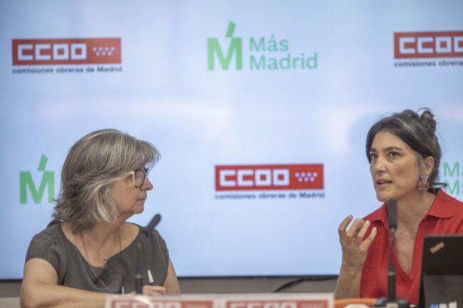 La secretaria general de CCOO Madrid, Paloma López, y la portavoz de Más Madrid en la Asamblea, Manuela Bergerot.