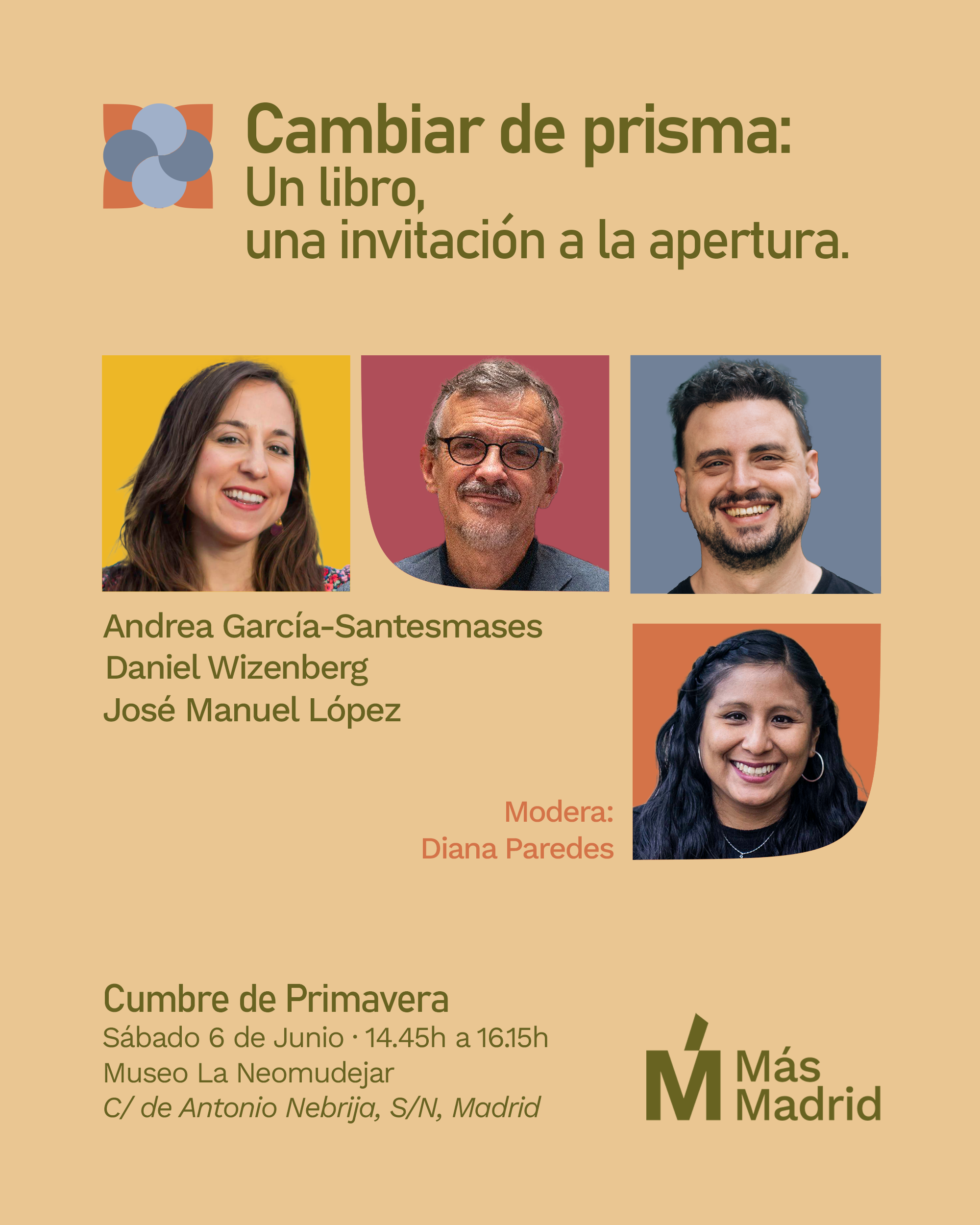 Infografía de la mesa Cambiar de prisma: un libro, una invitación a la apertura. Andrea García-Santesmases, Daniel Wizenberg, José Manuel López y Diana Paredes.