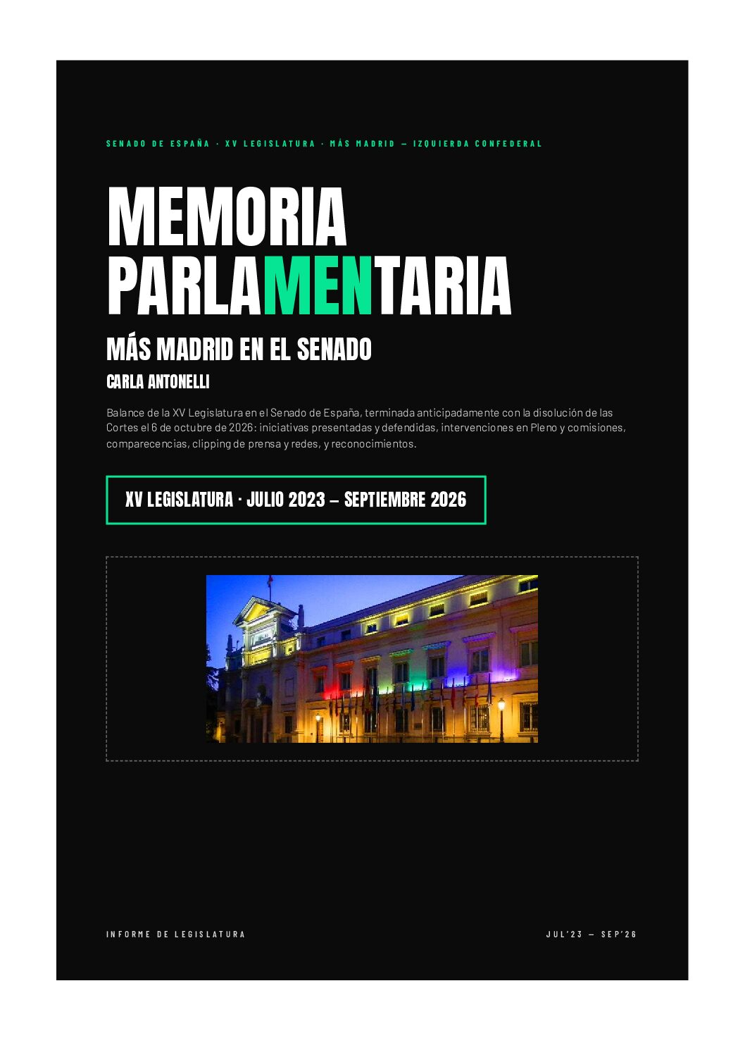 Portada de la Memoria Parlamentaria de Carla Antonelli, XV Legislatura 2023–2026